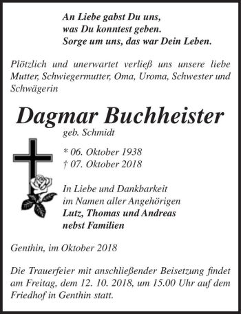 Traueranzeige von Dagmar Buchheister (geb. Schmidt)  von Magdeburger Volksstimme