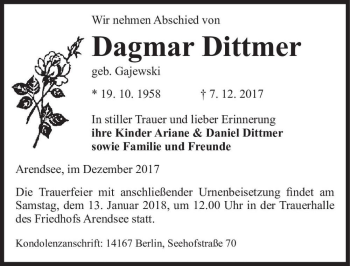 Traueranzeige von Dagmar Dittmer (geb. Gajewski)  von Magdeburger Volksstimme