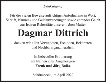Traueranzeige von Dagmar Dittrich  von Magdeburger Volksstimme