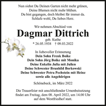 Traueranzeige von Dagmar Dittrich (geb. Kuthe)  von Magdeburger Volksstimme