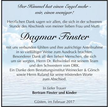 Traueranzeige von Dagmar Finster  von Magdeburger Volksstimme