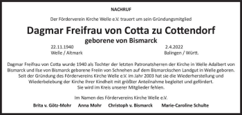 Traueranzeige von Dagmar Freifrau von Cotta zu Cottendorf (geb. von Bismarck)  von Magdeburger Volksstimme