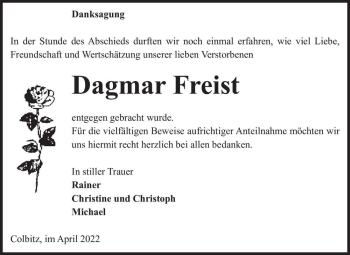 Traueranzeige von Dagmar Freist  von Magdeburger Volksstimme