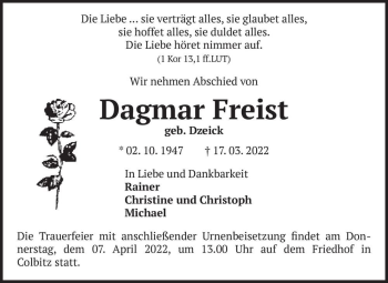 Traueranzeige von Dagmar Freist (geb. Dzeick)  von Magdeburger Volksstimme