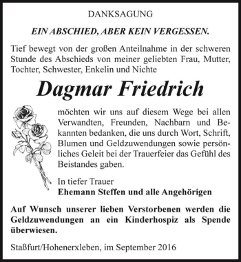 Traueranzeige von Dagmar Friedrich  von Magdeburger Volksstimme