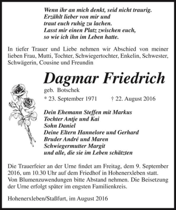 Traueranzeige von Dagmar Friedrich (geb. Botschek)  von Magdeburger Volksstimme