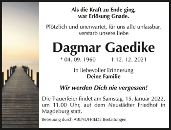 Traueranzeige von Dagmar Gaedike  von Magdeburger Volksstimme