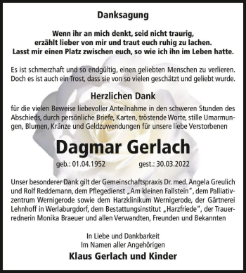 Traueranzeige von Dagmar Gerlach  von Magdeburger Volksstimme