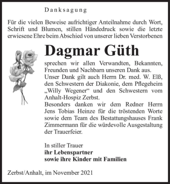 Traueranzeige von Dagmar Güth  von Magdeburger Volksstimme