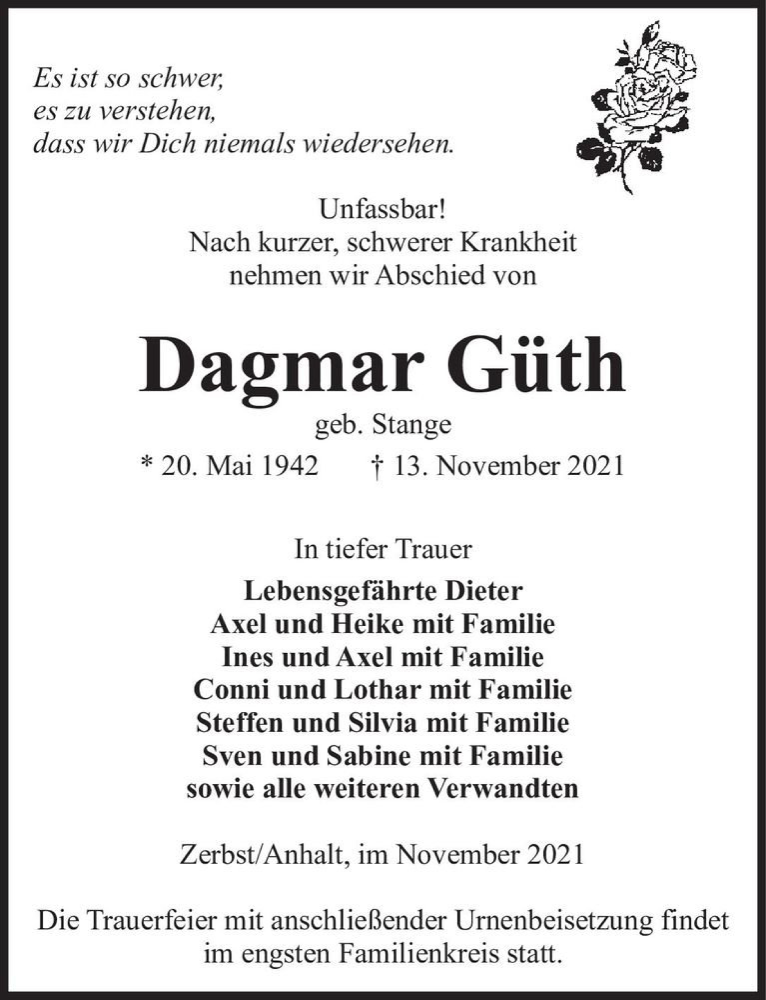  Traueranzeige für Dagmar Güth (geb. Stange)  vom 20.11.2021 aus Magdeburger Volksstimme