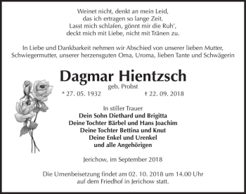 Traueranzeige von Dagmar Hientzsch (geb. Probst)  von Magdeburger Volksstimme