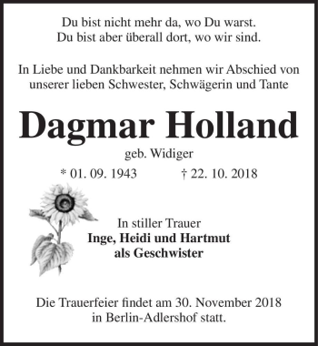 Traueranzeige von Dagmar Holland (geb. Widiger)  von Magdeburger Volksstimme