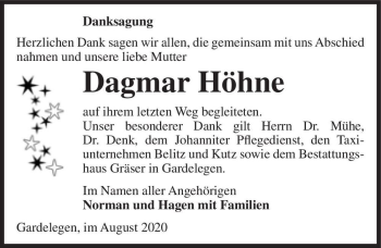 Traueranzeige von Dagmar Höhne  von Magdeburger Volksstimme