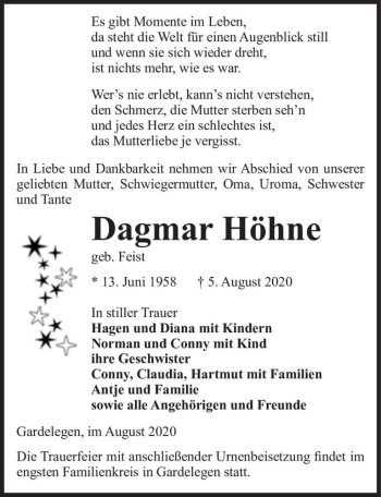 Traueranzeige von Dagmar Höhne (geb. Feist)  von Magdeburger Volksstimme