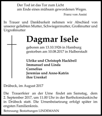 Traueranzeige von Dagmar Isele  von Magdeburger Volksstimme