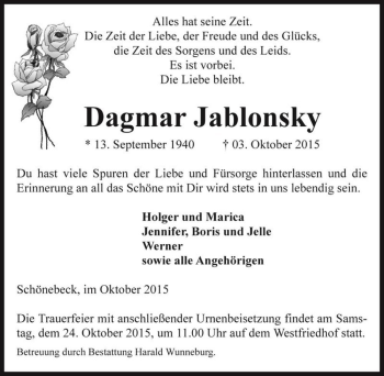 Traueranzeige von Dagmar Jablonsky  von Magdeburger Volksstimme