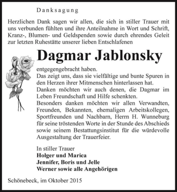 Traueranzeige von Dagmar Jablonsky  von Magdeburger Volksstimme