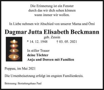Traueranzeige von Dagmar Jutta Elisabeth Beckmann (geb. Zessin)  von Magdeburger Volksstimme