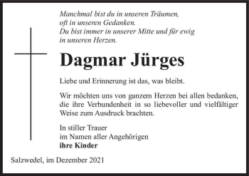 Traueranzeige von Dagmar Jürges  von Magdeburger Volksstimme