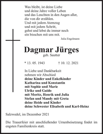 Traueranzeige von Dagmar Jürges (geb. Sautter)  von Magdeburger Volksstimme