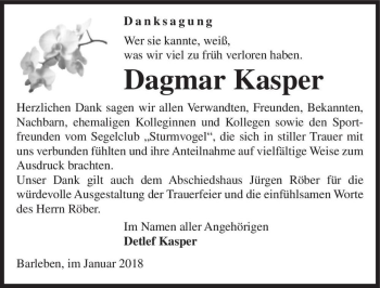 Traueranzeige von Dagmar Kasper  von Magdeburger Volksstimme