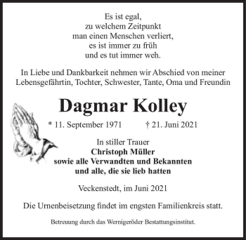 Traueranzeige von Dagmar Kolley  von Magdeburger Volksstimme