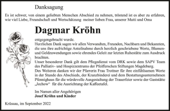 Traueranzeige von Dagmar Kröhn  von Magdeburger Volksstimme