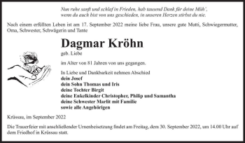 Traueranzeige von Dagmar Kröhn (geb. Liebe)  von Magdeburger Volksstimme