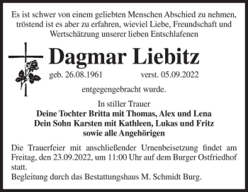 Traueranzeige von Dagmar Liebitz  von Magdeburger Volksstimme