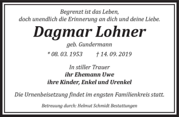 Traueranzeige von Dagmar Lohner (geb. Gundermann)  von Magdeburger Volksstimme