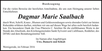 Traueranzeige von Dagmar Marie Saalbach  von Magdeburger Volksstimme