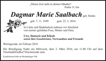 Traueranzeige von Dagmar Marie Saalbach (geb. Bratke)  von Magdeburger Volksstimme