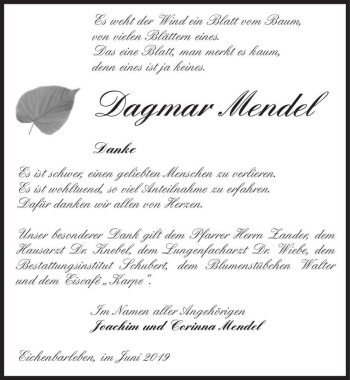 Traueranzeige von Dagmar Mendel  von Magdeburger Volksstimme