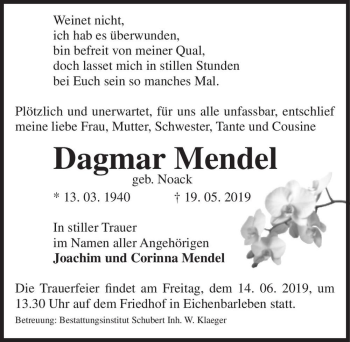 Traueranzeige von Dagmar Mendel (geb. Noack)  von Magdeburger Volksstimme