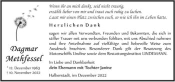 Traueranzeige von Dagmar Methfessel  von Magdeburger Volksstimme