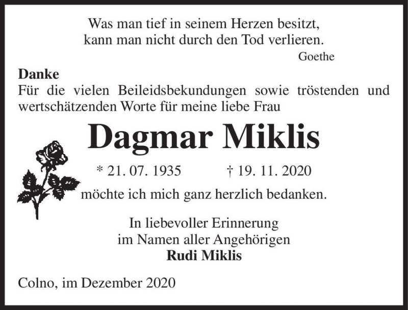  Traueranzeige für Dagmar Miklis  vom 12.12.2020 aus Magdeburger Volksstimme