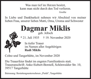 Traueranzeige von Dagmar Miklis (geb. Jeltsch)  von Magdeburger Volksstimme