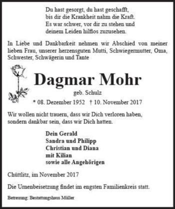 Traueranzeige von Dagmar Mohr (geb. Schulz)  von Magdeburger Volksstimme