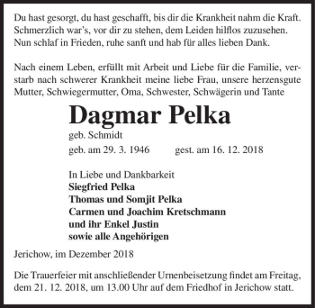 Traueranzeige von Dagmar Pelka (geb. Schmidt)  von Magdeburger Volksstimme
