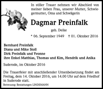 Traueranzeige von Dagmar Preinfalk (geb. Deike)  von Magdeburger Volksstimme