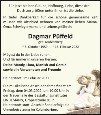 Traueranzeige von Dagmar Püffeld (geb. Mühlenberg)  von Magdeburger Volksstimme