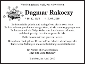 Traueranzeige von Dagmar Rakoczy  von Magdeburger Volksstimme