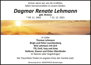 Traueranzeige von Dagmar Renate Lehmann (geb. Brosius)  von Magdeburger Volksstimme