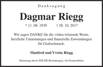 Traueranzeige von Dagmar Riegg  von Magdeburger Volksstimme
