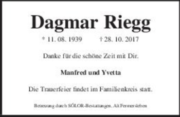 Traueranzeige von Dagmar Riegg  von Magdeburger Volksstimme