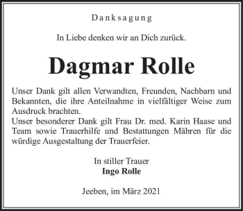 Traueranzeige von Dagmar Rolle  von Magdeburger Volksstimme