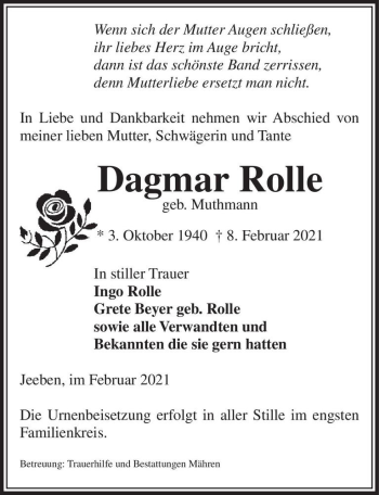 Traueranzeige von Dagmar Rolle (geb. Muthmann)  von Magdeburger Volksstimme