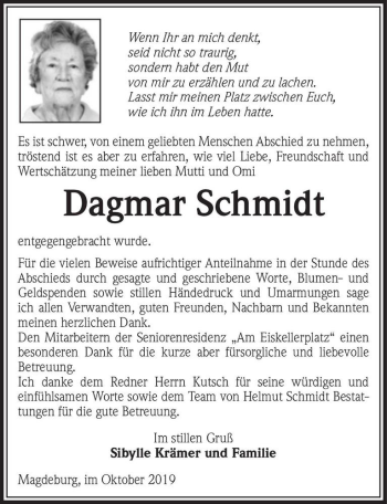 Traueranzeige von Dagmar Schmidt  von Magdeburger Volksstimme