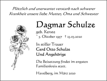 Traueranzeige von Dagmar Schulze (geb. Kerste)  von Magdeburger Volksstimme