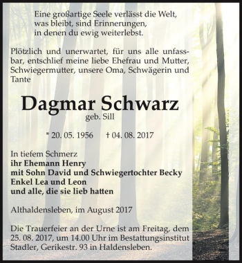 Traueranzeige von Dagmar Schwarz (geb. Sill)  von Magdeburger Volksstimme